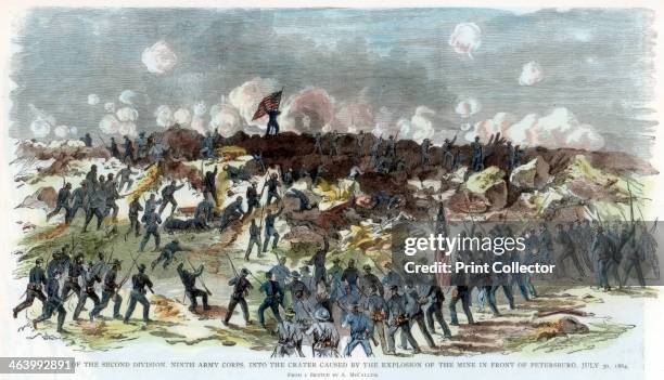 Siege of Petersburg, Virginia, American Civil War, 30 July 1864. Charge of the Union 2nd Division, 9th Army Corps. In the background is a huge crater...