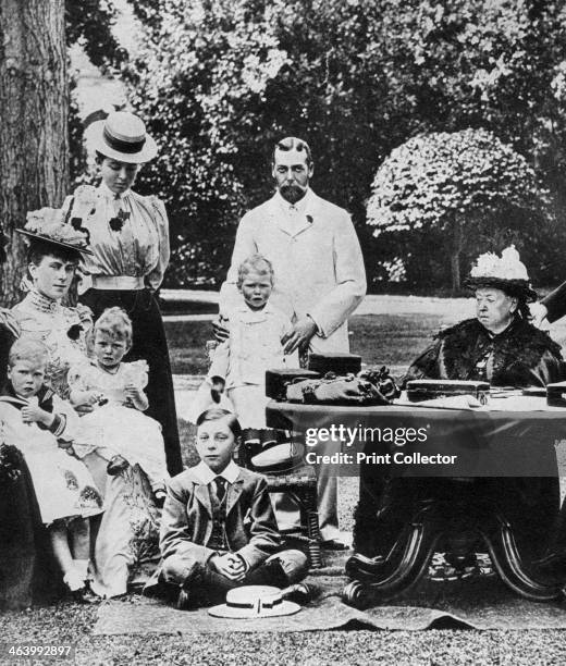 Queen Victoria and family at Osborne House, late 19th century. Prince Edward, Duke of Windsor, is on the extreme left in a sailor suit. Prince...