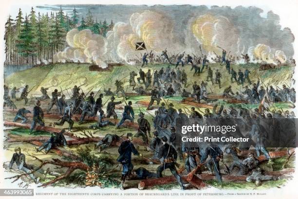 Siege of Petersburg, Virginia, American Civil War, c1864-c1865. A regiment of the Union 18th Corps carrying a portion of Confederate General PGT...