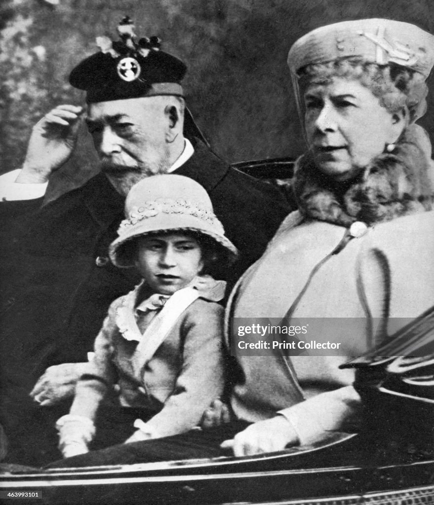 King George V and Queen Mary with Princess Margaret driving to church, Balmoral, c1930s.