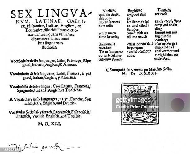 Hexaglot traveller's dictionary . Title page and last page from a dictionary in six languages: Latin, French, Spanish, Italian, English, and 'Deutch'...