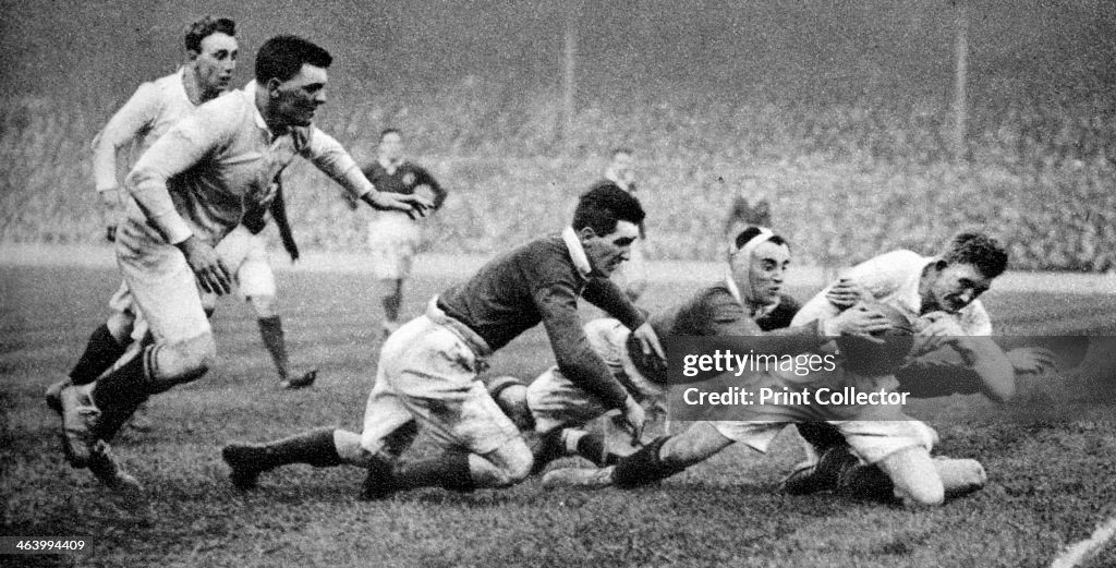 England scoring a try against Scotland, Twickenham, London, 1926-1927.