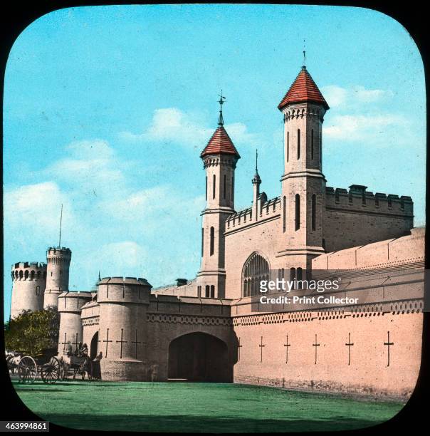 Railway station, Lahore, India, late 19th or early 20th century. The station was built by India's British colonial rulers in 1859-1860. Lantern slide.