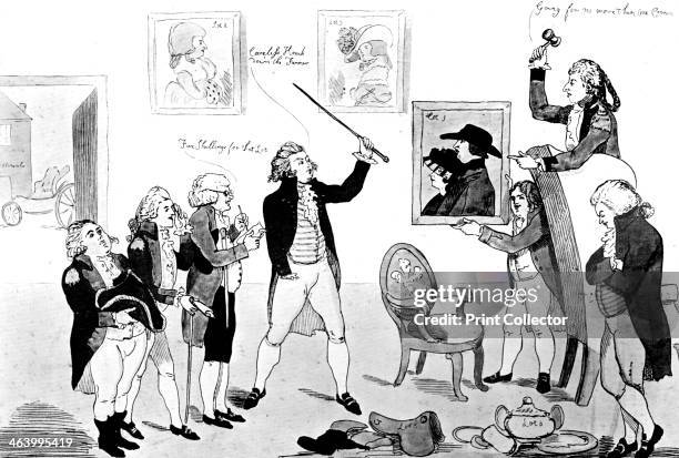 Scene in the School for Scandal', 1786. An auction scene with the Prince of Wales , bidding for lots including a portrait of his mistress Mrs...