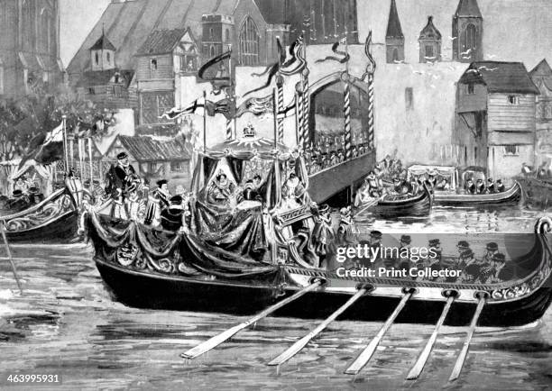 Queen Elizabeth's river coronation procession, London, 1558 . Print published in Parliament Past and Present by Arnold Wright and Philip Smith, .