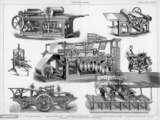 Printing presses, 19th or 20th century. 'Albion' hand-press; 'Liberty' platen jobbing-press; Single-cylinder jobbing machine; Single-cylinder jobbing...