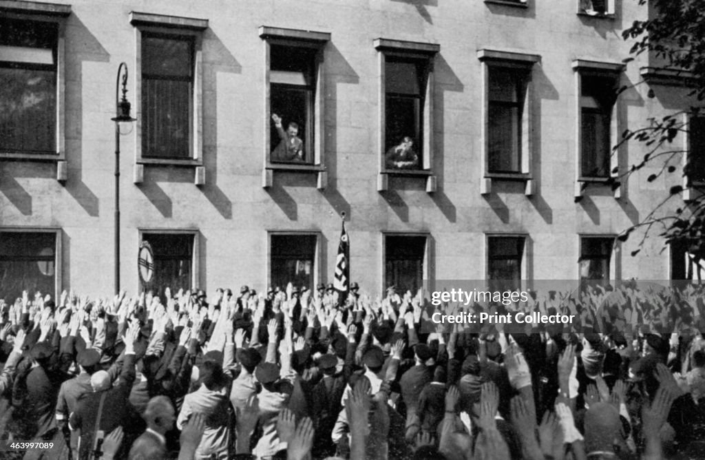 Large crowd from the Saargebiet in front of the chancellery, Berlin, Germany, 1936.