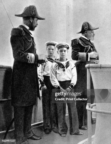 King Edward VII with his son George and his two eldest grandsons on board the royal yacht Victoria and Albert III, 1908. From Queen Alexandra's...