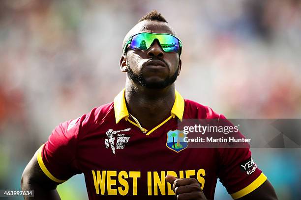 Andre Russell of West Indies looks on during the 2015 ICC Cricket World Cup match between Pakistan and the West Indies at Hagley Oval on February 21,...