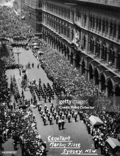 Parade at the Cenotaph, Martin Place, Sydney, New South Wales, 1945 or 1946.