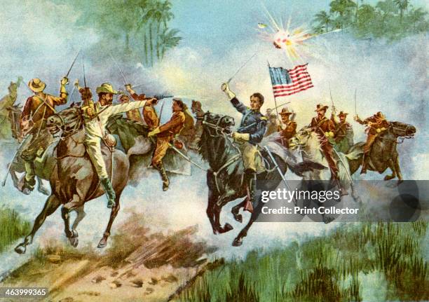 Rough Riders stampeding a Spanish outpost, Cuba, Spanish-American War, 1898. The 'Rough Riders' was the name given to the 1st United States Volunteer...