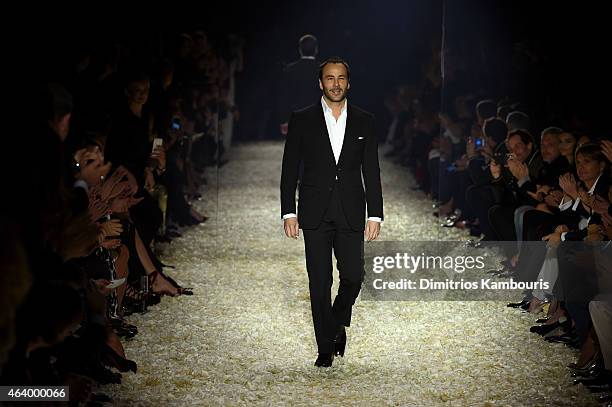 Designer Tom Ford walks the runway after the TOM FORD Autumn/Winter 2015 Womenswear Collection Presentation at Milk Studios in Los Angeles on...