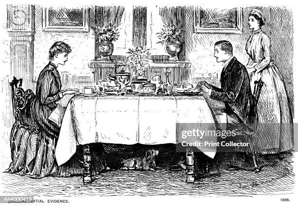 'Circumstantial Evidence', 1886 . Edwin: I've just found a shot in my bit of partridge!. Angelina: How odd, so have I! Poor things, they've had to...