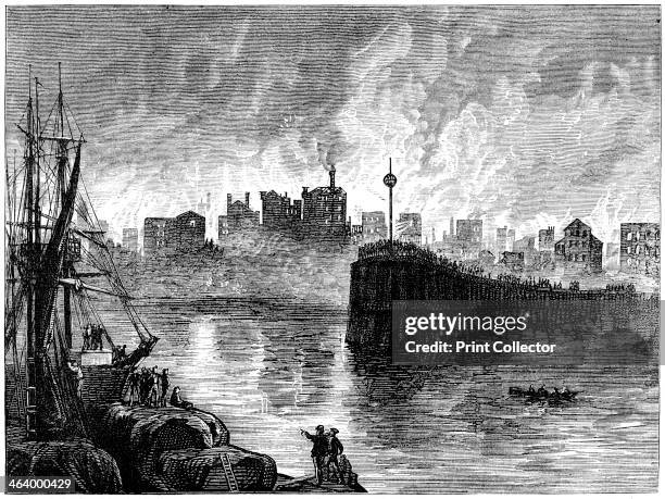 The burning of Chicago, Illinois, USA, 1871 . The Great Fire of Chicago destroyed a third of the city including the whole of the business district. A...