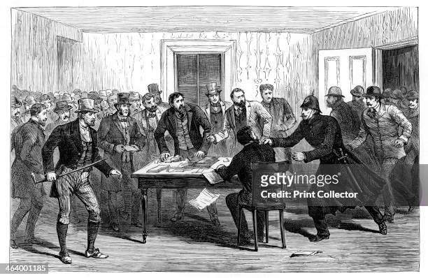 Police raid on the National Rent Offices at Loughrea, Ireland, 1887. A scene during the Irish Land League agitation. Founded in 1879, with Charles...