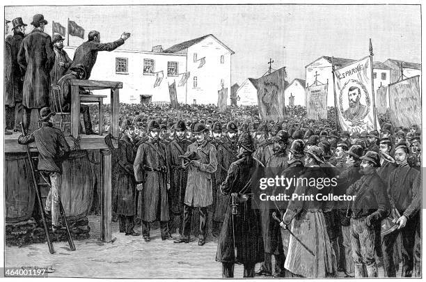 Constabulary guarding a government reporter at a 'plan of campaign' meeting, Ireland, 1887. The Plan of Campaign was a strategy adopted by the Irish...