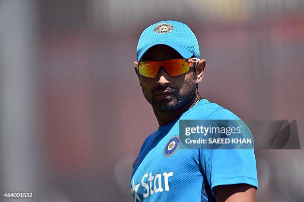 India's bowler Mohammed Shami attends a practice session at the Melbourne Cricket Ground on February 21 ahead of their 2015 Cricket World Cup match...