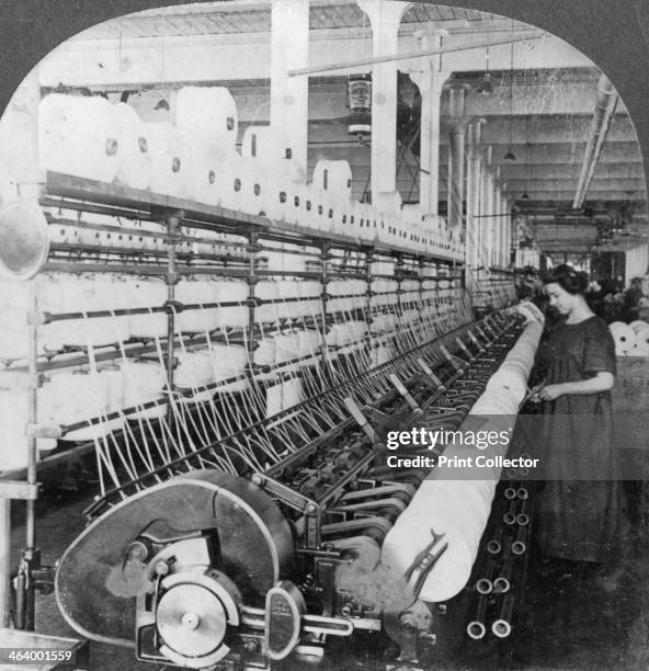 Doubling frame in a large woollen mill, Lawrence, Massachusetts, USA, early 20th century. Stereoscopic card. Detail.