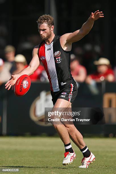 Luke Delaney kicks the ball during the St Kilda Saints AFL intra club match at Linen House Oval on February 21, 2015 in Melbourne, Australia.