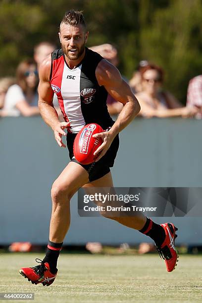 Sam Fisher runs with the ball during the St Kilda Saints AFL intra club match at Linen House Oval on February 21, 2015 in Melbourne, Australia.