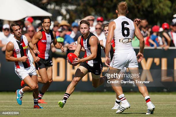 Jack Billings wins the ball during the St Kilda Saints AFL intra club match at Linen House Oval on February 21, 2015 in Melbourne, Australia.