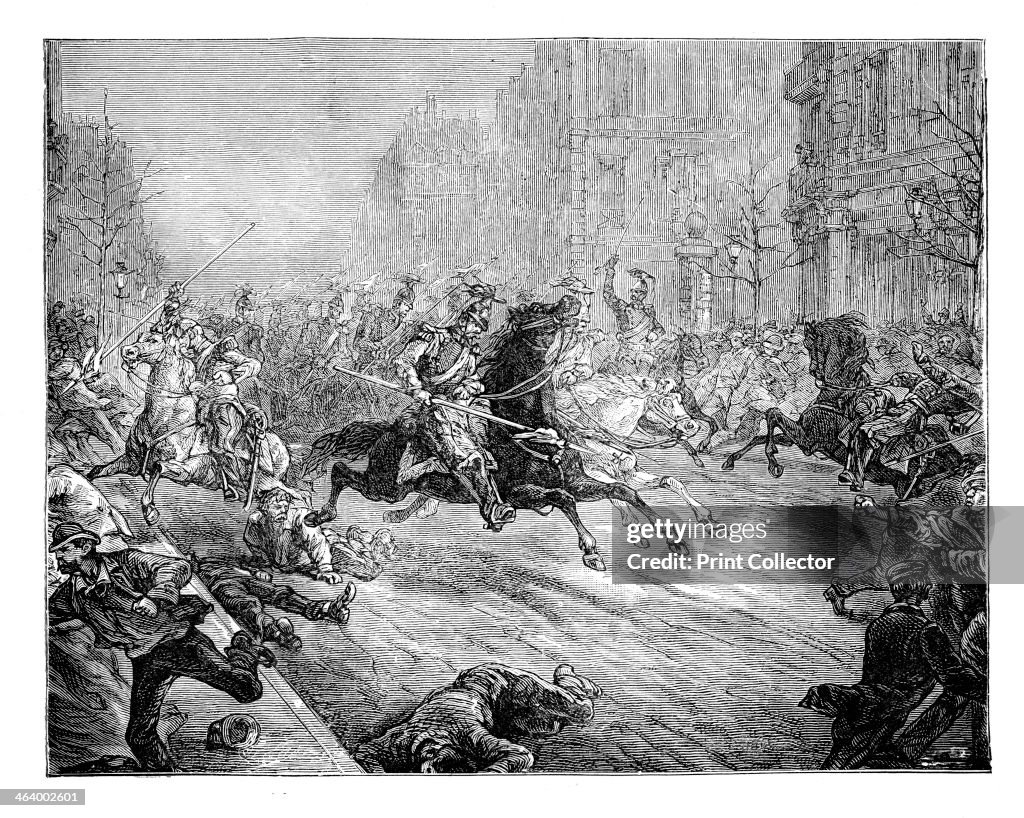 'The coup d'etat, lancers charging the crowd in the boulevards of Paris', 19th century.