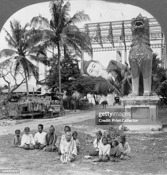 Giant recumbent figure of Buddha, Pegu, Burma, 1908. The second largest Buddha figure in the world, the 55 metre long, 16 metre tall Shwethalyaung...