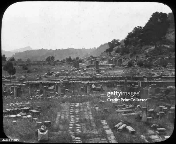 Mount Kronos and Temple of Hera, Olympia, Greece, late 19th or early 20th century. The wife of Zeus, Hera was one of the major goddesses of Ancient...