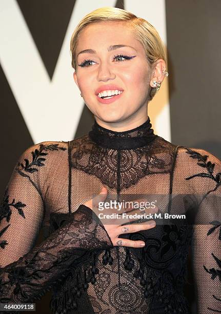 Singer Miley Cyrus attends Tom Ford Autumn/Winter 2015 Womenswear Collection Presentation at Milk Studios on February 20, 2015 in Hollywood,...