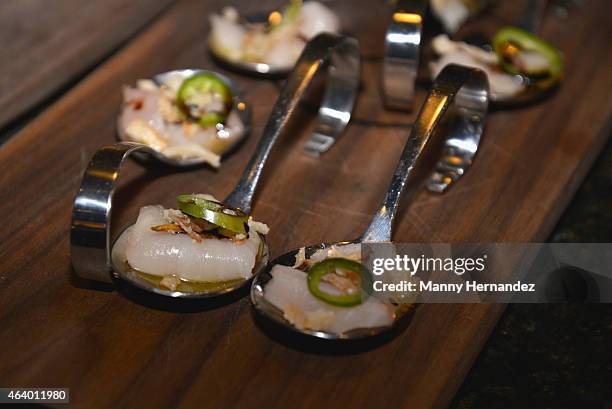 Food on display at the Tuscan Trio Dinner hosted by Fabio Viviani, Debi Mazar and Gabriele Corcos during the 2015 Food Network & Cooking Channel...