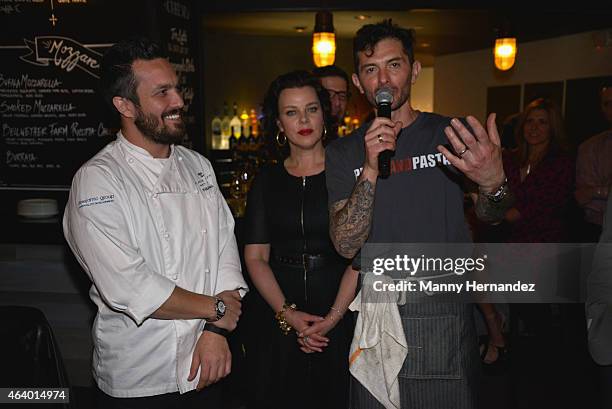Fabio Viviani, Debi Mazar and Gabriele Corcos speak at the Tuscan Trio Dinner hosted by Fabio Viviani, Debi Mazar and Gabriele Corcos during the 2015...