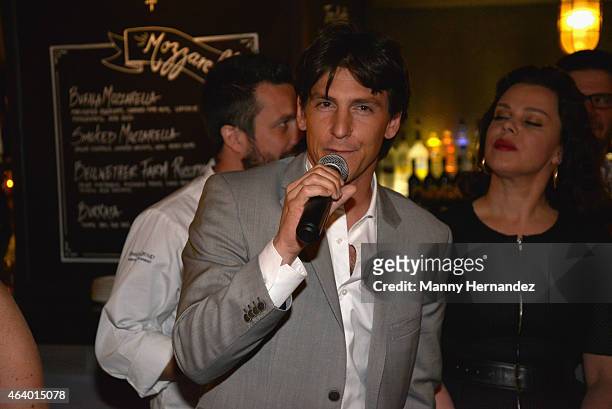 Vittorio Marzotto of Ca'del Bosco Winery speaks at the Tuscan Trio Dinner hosted by Fabio Viviani, Debi Mazar and Gabriele Corcos during the 2015...