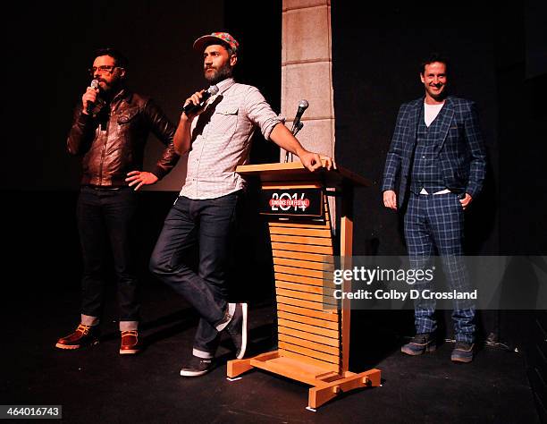 Filmmaker Jemaine Clement, filmmaker Taika Waititi and Sundance Film Festival Director of Programming Trevor Groth onstage at "What We Do In The...