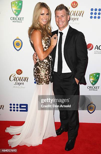 Candice Falzon and David Warner arrive at the 2014 Allan Border Medal at Doltone House on January 20, 2014 in Sydney, Australia.