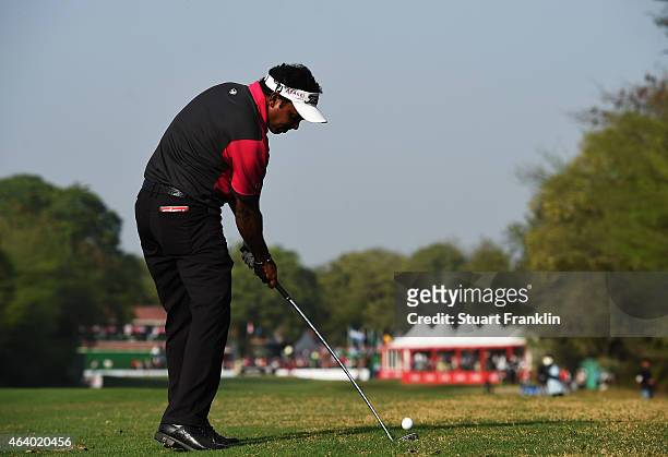 Chawrasia of India plays a shot during the third round of the Hero India Open Golf at Delhi Golf Club on February 21, 2015 in New Delhi, India.