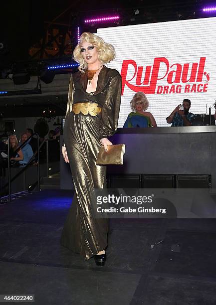 Cast member of season seven of "RuPaul's Drag Race" Pearl performs on stage during a viewing party for the show's premiere at the Chateau Nightclub &...