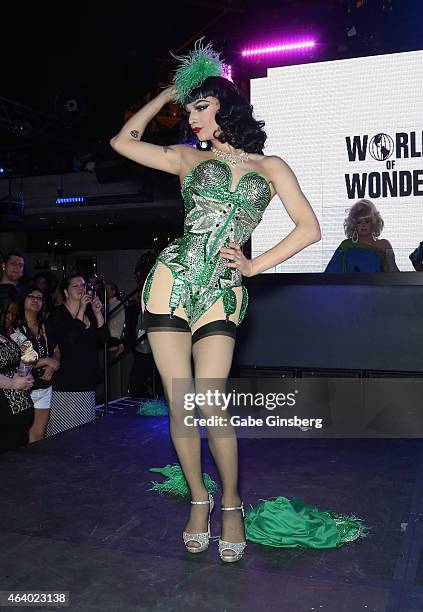 Cast member of season seven of "RuPaul's Drag Race" Violet Chachki performs on stage during a viewing party for the show's premiere at the Chateau...