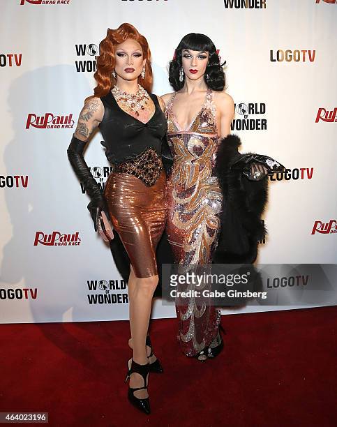 Cast members of season seven of "RuPaul's Drag Race" Miss Fame and Violet Chachki arrive at a viewing party for the show's premiere at the Chateau...