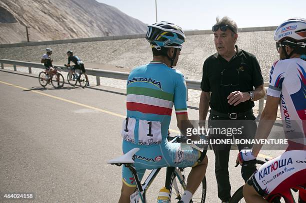 Tour of Oman organisator Eddy Merckx speaks with Vincezo Nibali and Luca Paolini ahead of the fifth stage in the Tour of Oman, on February 21 to...