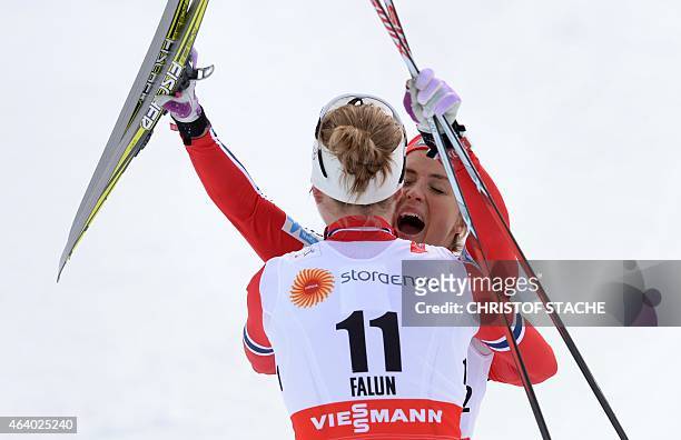Winner Therese Johaug of Norway and second placed Astrid Uhrenholdt Jacobsen of Norway celebrate after the ladies cross-country skiathlon 7,5 km...