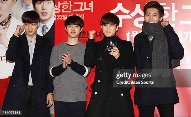 Pose for photographs before the movie 'Miss Granny' VIP Premiere at Wangsimni CGV on January 14, 2014 in Seoul, South Korea.