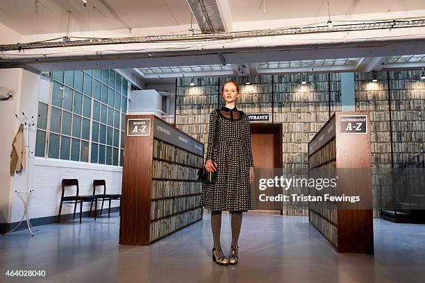 Model on the runway at the Orla Kiely presentation during London Fashion Week Fall/Winter 2015/16 at The Vinyl Factory Gallery on February 21, 2015...