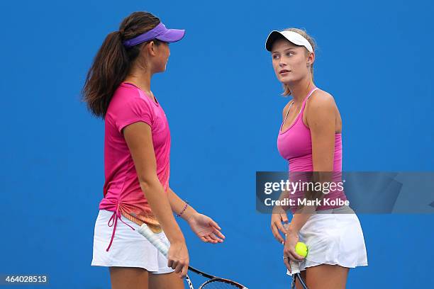 Linda Huang of Australia and Kaylah McPhee of Australia in action in their first round doubles match against Ziyue Sun of China and Ying Zhang of...