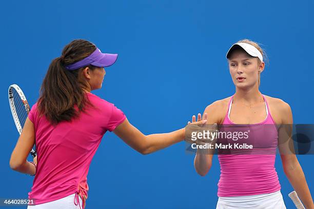 Linda Huang of Australia and Kaylah McPhee of Australia in action in their first round doubles match against Ziyue Sun of China and Ying Zhang of...
