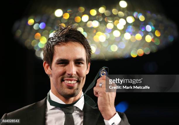 Mitchell Johnson poses after winning the Allan Border Medal during the 2014 Allan Border Medal at Doltone House on January 20, 2014 in Sydney,...