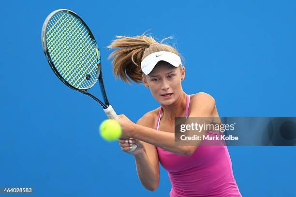 Kaylah McPhee of Australia in action in her first round doubles match with Linda Huang of Australia against Ziyue Sun of China and Ying Zhang of...