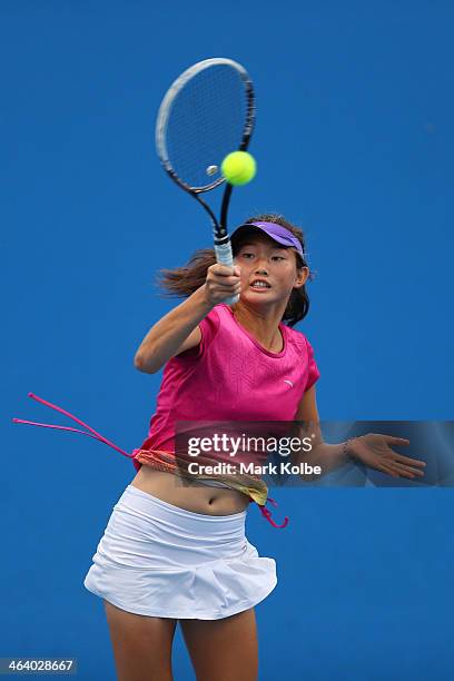 Linda Huang of Australia in action in her first round doubles match with Kaylah McPhee of Australia against Ziyue Sun of China and Ying Zhang of...