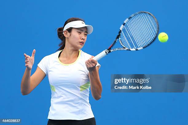 Ziyue Sun of China in action in her first round doubles match with Ying Zhang of China against Kaylah McPhee of Australia and Linda Huang of...