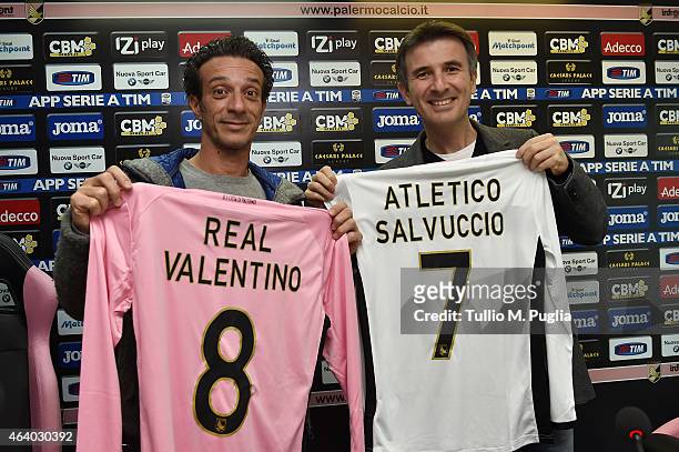 Salvo Ficarra and Valentino Picone pose during a US Citta di Palermo press conference at stadio Renzo Barbera on February 21, 2015 in Palermo, Italy.