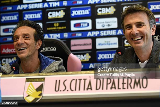 Salvo Ficarra and Valentino Picone answer questions during a US Citta di Palermo press conference at stadio Renzo Barbera on February 21, 2015 in...